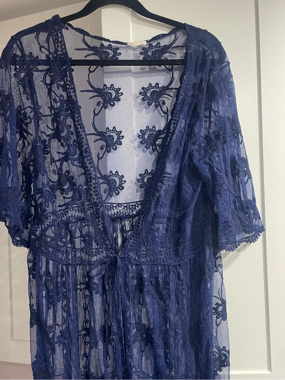 Navy Sheer Lace Robe with Tie-Front - Women Intimates & Sleepwear